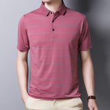 Summer Oversized T Shirt Men's Short Sleeved Striped Breathable Anti-wrinkle Turn-down Collar Clothing Mart Lion pink  t shirt M 50-60 KG 