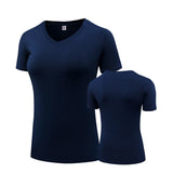 Fitness Women's Shirts Quick Drying T Shirt Elastic Yoga Sport Tights Gym Running Tops Short Sleeve Tees Blouses Jersey camisole MartLion V neck-navy blue S 