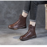 Women Genuine Leather Short Boots Round Toe Genuine Leather Handmade Retro Street Style Winter Warm Flats MartLion   