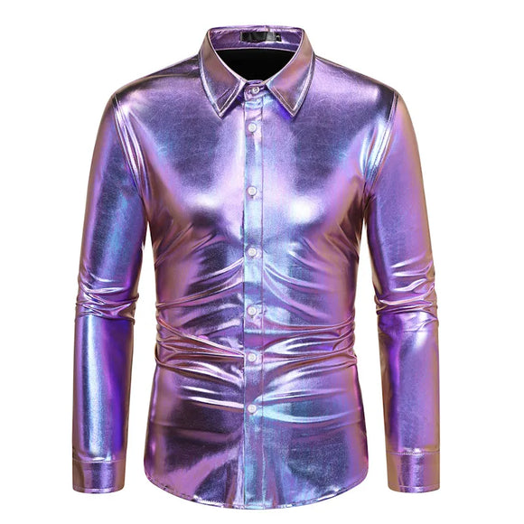  Men's Shiny Purple Metallic Dress Shirts Long Sleeve Button Down Disco Shirt Party Stage Singer De Hombre MartLion - Mart Lion