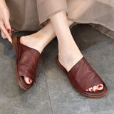 summer wear slippers women's top layer cowhide retro flat sandals fish mouth hand MartLion   