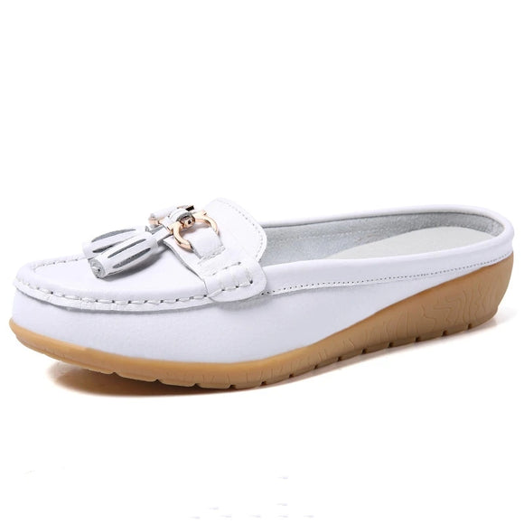 Summer Genuine Leather Women Flats Hollow Slip On Leather Loafers Ladies Shoes Korean Style Soft Moccasins Half Slippers MartLion 6 39 length 24.5cm 