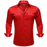 Luxury Shirts Men's Silk Satin Silk Gray Leaves Long Sleeve Blouses Casual Lapel Tops Breathable Streetwear Barry Wang MartLion 0728 S 