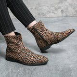 Men's Ankle Boots Suede Leather Leopard Pointed Toe Dress Shoes Zip Motorcycle Casual Party Footwear Mart Lion   