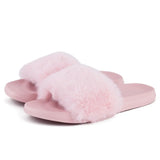 Summer indoor shoes ladies flat solid color open toe flip flops fake fur fox fur slippers MartLion   