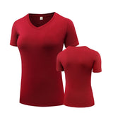 Fitness Women's Shirts Quick Drying T Shirt Elastic Yoga Sport Tights Gym Running Tops Short Sleeve Tees Blouses Jersey camisole MartLion V neck-red S 