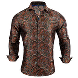 Barry Wang Luxury Red Paisley Silk Shirts Men's Long Sleeve Casual Flower Shirts Designer Fit Dress MartLion 0429 S 
