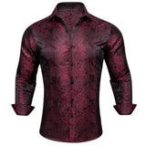 Silk Shirts Men's Red Burgundy Paisley Flower Long Sleeve Slim Fit Blouse Casual Lapel Clothes Tops Streetwear Barry Wang MartLion 0452 S 