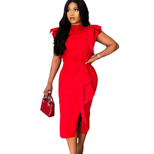 Latest Trendy African Dresses  Women Clothing Wrap Hip O Neck Short Sleeve Pencil Dresses Ruffles Summer Dress MartLion   