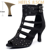 Hollow Out Modern Dance Jazz Boots Women's High Heels with Diamonds Indoor Soft Sole High Top Latin Dance Shoes MartLion Black 8.5cm 36 