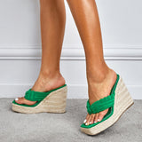 Liyke Green Corduroy Narrow Band 13.5CM Wedges Heels Slippers Female Open Toe Platform Sandals Women Summer Dress Shoes Mart Lion   