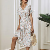 Women's Small Floral Printed Short-sleeved Dress, Summer Dresses   Women's Dress MartLion White L 