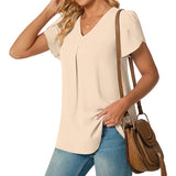 Summer Solid Color V-neck Short Sleeve Pullover Shirt Ladies Loose Casual Simple All-match Blouse Top Women's Clothing MartLion   