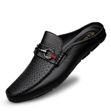Summer Breathable Shoes Men's Genuine Leather Half Slip on Moccasins Casual Style Luxury Brand Half Loafers MartLion Black-breathe 38 
