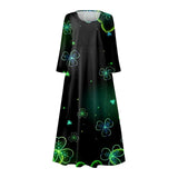 Y2k Elegant St Patrick's Day Printed Mid-Calf Dresses For Women's Round Collar 3/4 Sleeves Frocks MartLion   