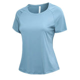 Yoga Clothes Summer Short-Sleeved Women Loose Quick-Drying T-Shirt Sports Running Shirt Elastic Casual Round Neck Breathable MartLion Blue 8 