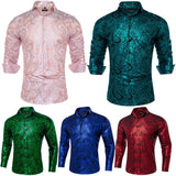 Luxury Gilding Pink Blue Red Paisley Print Silk Dress Shirts for Men's Long Sleeve Social Clothing Tops Slim Fit Blouse MartLion   