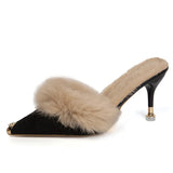 Fur Slippers Mules Pointed Toe Elegant High Heels Shoes Women's Autumn Furry Slides Flip Flops Office Work Luxury MartLion black 8cm heels 39 
