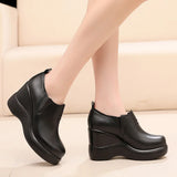 Genuine Leather Women Shoes  Spring Autumn Slip-On High Heels Round Toe Casual Slope Heel Ladies Platform MartLion   