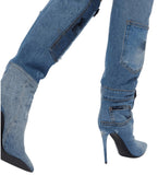  High Heel Cowboy Boot Water Wash Pocket Design Pointed High Heel Motorcycle Knee Shoes for Women MartLion - Mart Lion