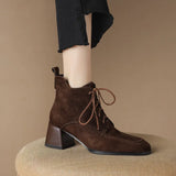 Winter Sheep Suede Women Shoes Square Toe Retro Lace Up Short Boots Chunky Heel High Heel MartLion   