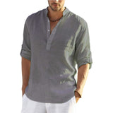 Men's V-neck t  Blouse Cotton Linen Shirt Loose Tops Long Sleeve Tee Shirt Spring Autumn Casual Handsome Mart Lion   