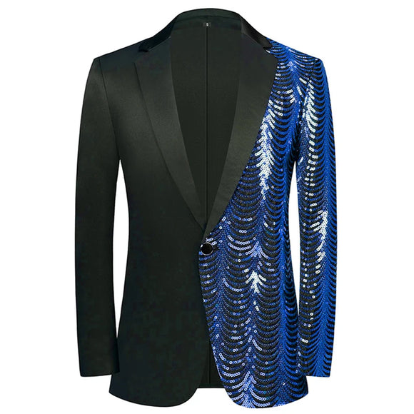 Men's Stylish Wave Striped Patchwork Dress Slim Fit One Button Shiny Suit Jacket Wedding Party Dinner Tuxedo Hombre blazers MartLion Blue Patchwork US Size XS 