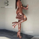 Bonjomarisa Women Thigh High Boots Double Platform Block High Heels Over The Knee Boots Zip Long Shoes MartLion   