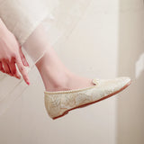 Gold Embroidery Women Pointy Toe Slip On Ballet Flats Elegant Casual Ballerinas Shoes for Beige MartLion   