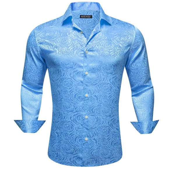 Luxury Shirts Men's Silk Satin Sky Blue Solid Long Sleeve Blouses Casual Lapel Tops Breathable Streetwear Barry Wang MartLion - Mart Lion