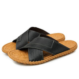 Design Leather Open Toe Sandals Men‘s Slip Resistant Solid Color Slippers Soft Slipper Outdoor Summer Shoes Mart Lion Black 38 