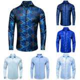 Hi-Tie Navy Royal Sky Blue Silk Men's Shirts Lapel Collar Long Sleeve Dress Shirt Jacquard Blouse Wedding MartLion   