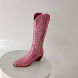 Women Boots Low Heel Shoes Cool British Embroidered Design Soft Short Party Knee High Pink Cowboy Mart Lion   