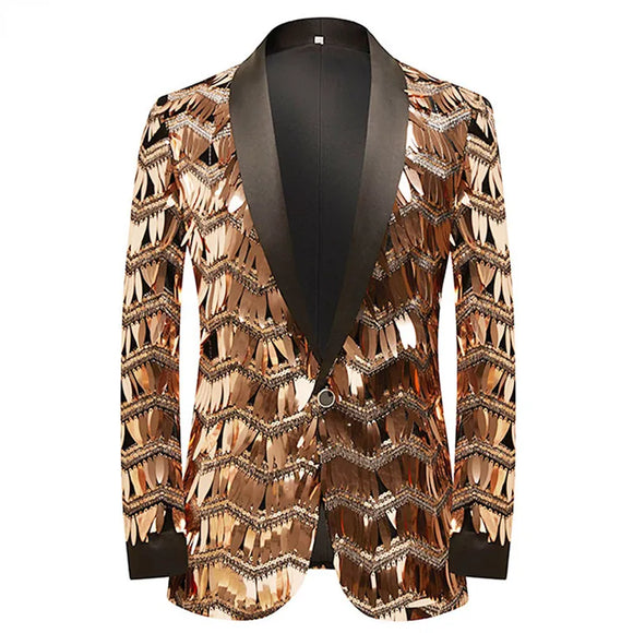  Men's Luxury Wave Striped Gold Sequin Blazer Jacket Shawl Lapel One Button Shiny Wedding Party Suit Jackets Dinner Tuxedo Blazer MartLion - Mart Lion