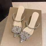 High-heeled Slippers Women Summer Pointed Crystal Heel Designer Sandals Square Buckle Slides Mart Lion   