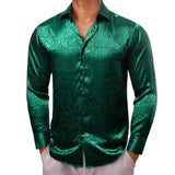 Luxury Shirts Men's Silk Satin Green Long Sleeve Slim Fit Blouses Button Down Collar Tops Breathable Clothing MartLion 0699 S 