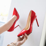 Women Pointed Toe Pumps Patent Leather Dress Red 11CM High Heels Boat Shoes Mart Lion   