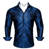 Luxury Blue Shirts Men's Solid Satin Embroidered Paisley Flower Long Sleeve Slim Fit Blouses Casual Lapel Tops Barry Wang MartLion   