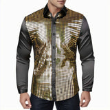 Men's Regular 70s Disco Shirts Metallic Sequins Long Sleeve Button Down Dress Shirts Nightclub Long Sleeve Shirt With Button MartLion Yellow XL CN