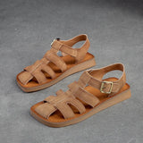 Genuine Leather Summer Retro Hollow-out Breathable Sandals Casual Women Flats Shoes MartLion Dark Brown 39 