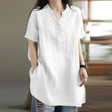 Women Solid Color Longer Shirt Summer V Neck Pullover Button  Blouse Female MartLion   