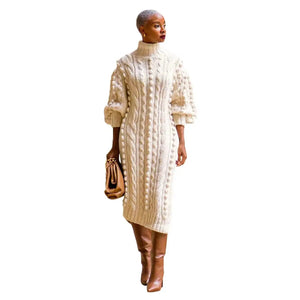 Women Long Sleeve Turtleneck Knitted Dress Split Sweater Dress Casual Warm Winter Thicken Dress Female MartLion Beige  LYQ275 S 