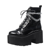 Patent Leather Gothic Black Boots Women Heel Chain Chunky Heel Platform Female Punk Ankle Zipper Goth Mart Lion Black 35 