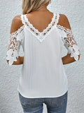 Shoulder Lace Short Sleeve Shirt Women V Neck Pullover Blouse MartLion   