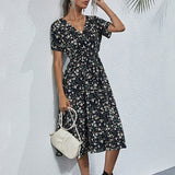 Women's Small Floral Printed Short-sleeved Dress, Summer Dresses   Women's Dress MartLion Black L 