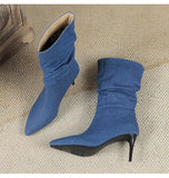  Pointed Toe Thin Heel Denim Boots with Mid Sleeve Fold 7.5cm High Women's Shoes Jean for Women MartLion - Mart Lion
