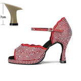 All Diamond Shining Latin Dance Shoes Women's Party Dancing Sandals Summer High Heel Jazz Tango Waterproof MartLion Red heel 7cm 45 