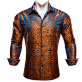 Designer Silk Shirts Men's Blue Gold Green Red White Black Paisley Embroidered Slim Fit Blouses Casual Long Sleeve MartLion 0488 S 
