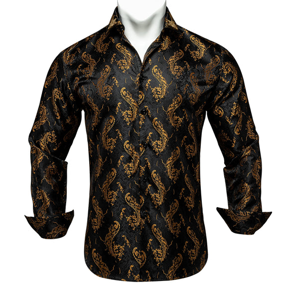  Men's Dress Shirts Black Gold Long Sleeve Formal Button-Down Collar Social Slim Fit Shirt Spring Casual Blouse MartLion - Mart Lion