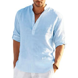 Cotton Linen Shirts for Men Casual Shirts Lightweight Long Sleeve Henley Beach Shirt Shirt Men MartLion LightBlue XL 